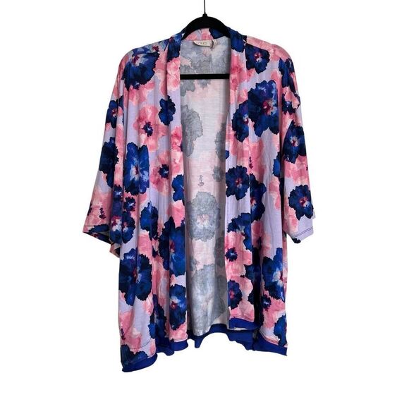 LOGO by Lori Goldstein Sweater Womens Size Medium Blue Pink Cardigan Floral Open - Picture 1 of 9